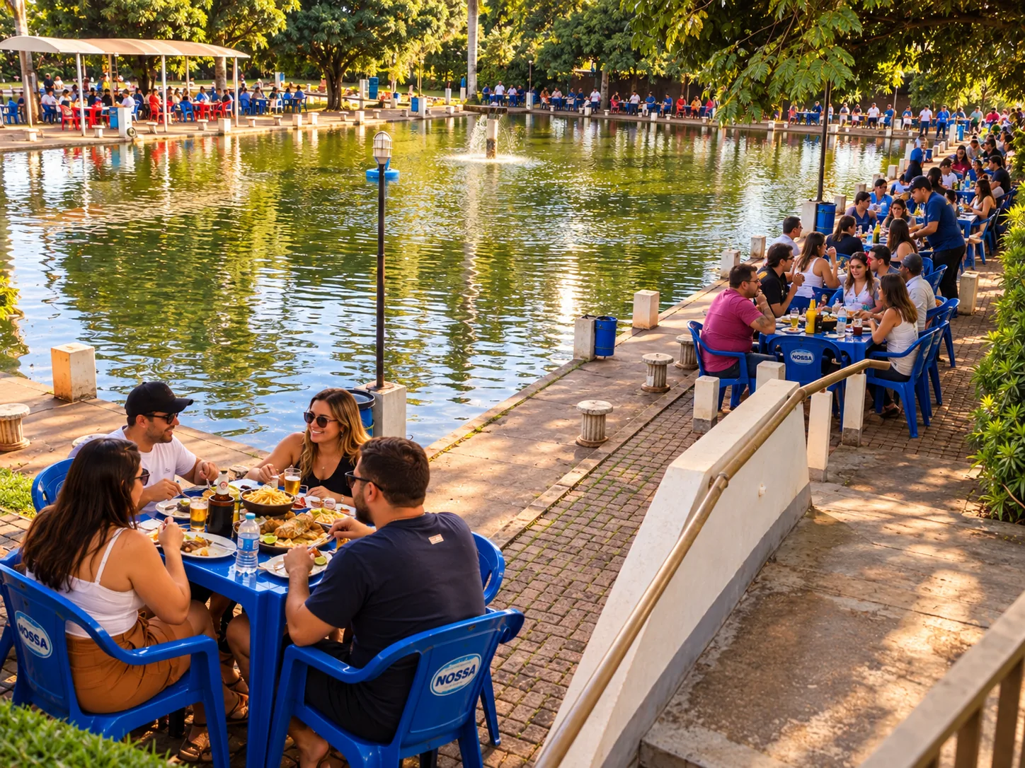 Clientes reunidos à beira do lago no Kipeixe